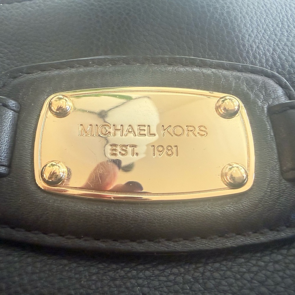 Michael Kors Hamilton Black Leather Satchel Bag with Gold Accents - Picture 2 of 16